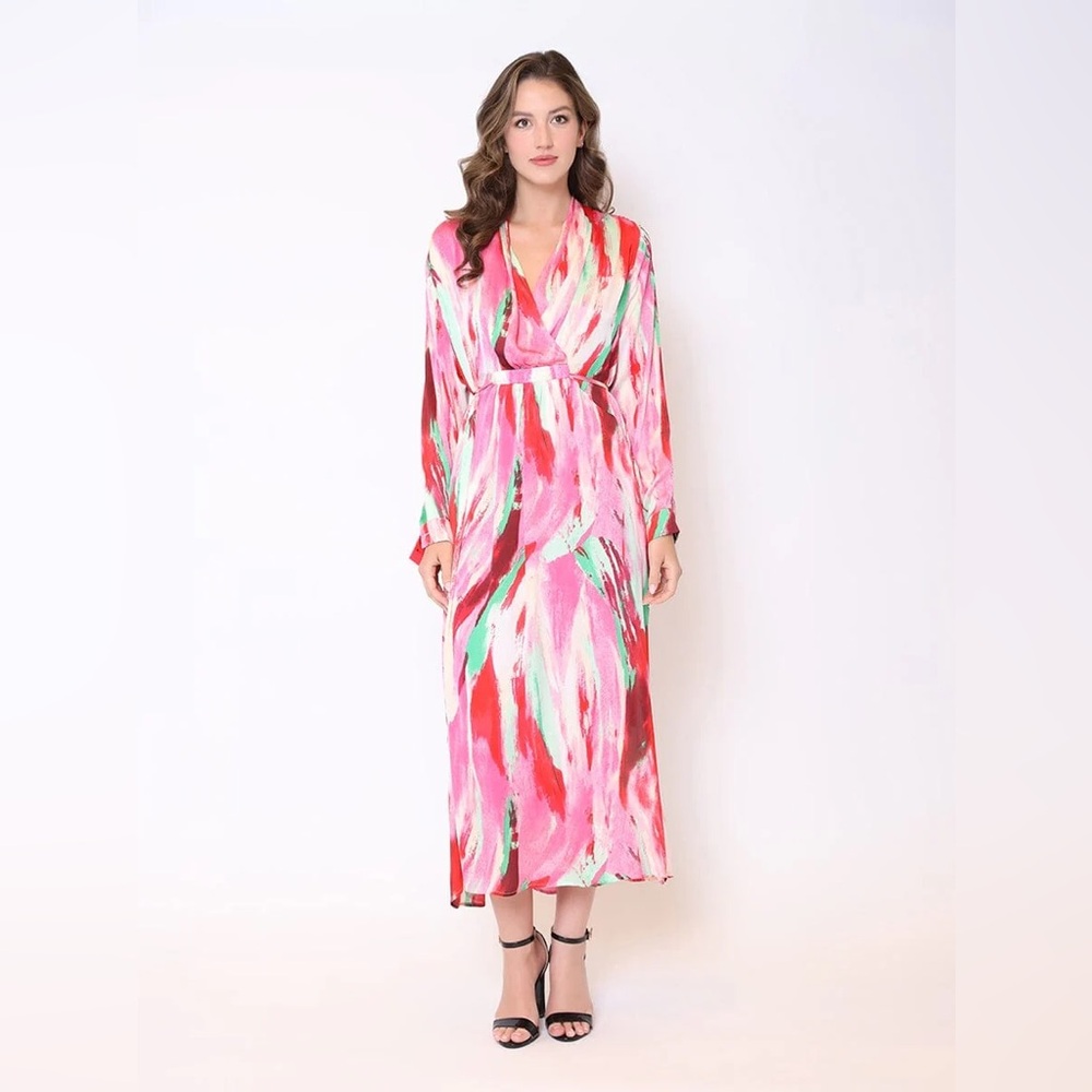 Gracia Stain Print Long Sleeve Tie Belt Long Dress